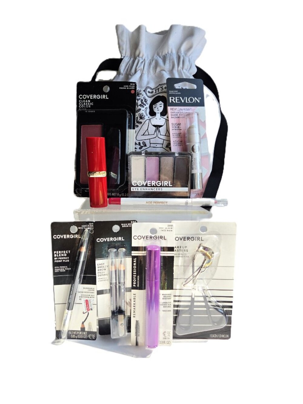 9pc NEW Makeup Lot EYES LIPS FACE Covergirl L'Oreal Revlon + Sephora Bag!